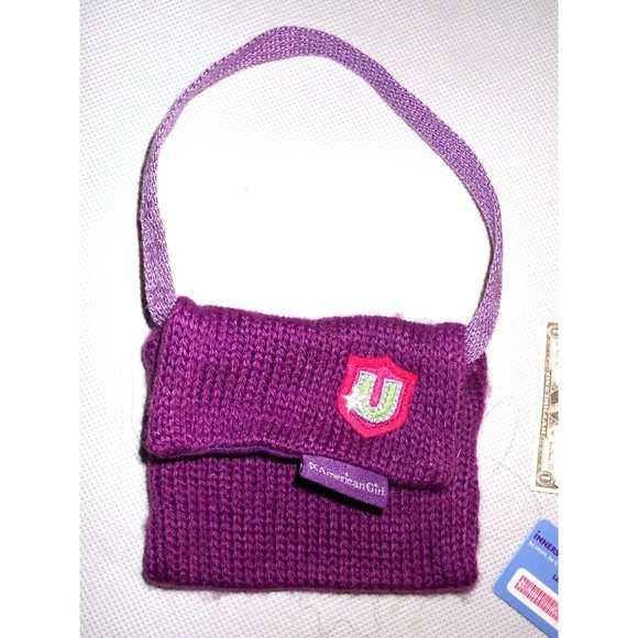 American Girl 18" doll Purple Knit Messenger Bag with ID and pretend money - Picture 3 of 5